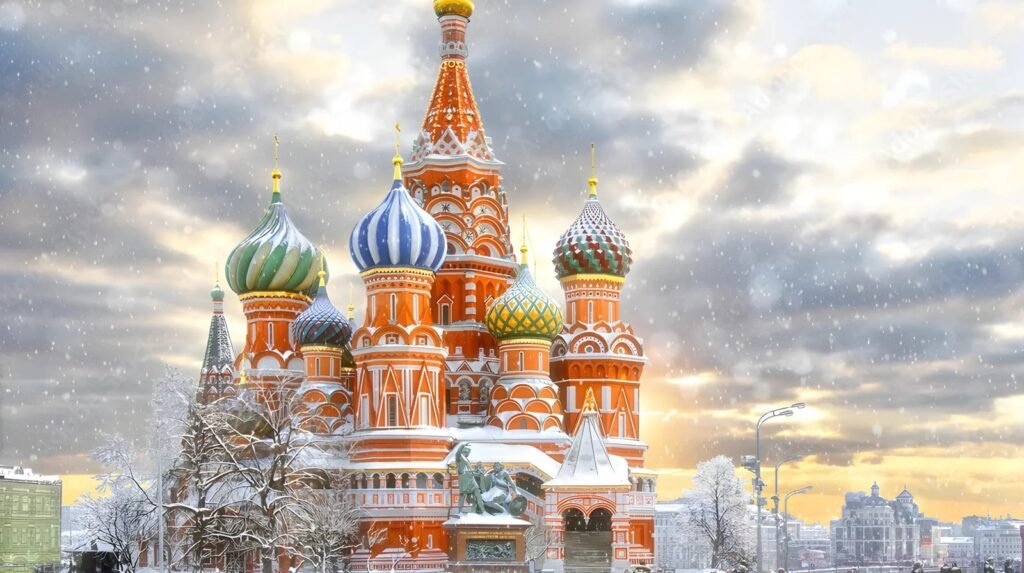 Saint Basil’s Cathedral in Moscow’s Red Square during snowfall at sunset a winter scene of one of the world’s most Iconic Public Squares.