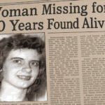 An AI-generated image depicting a vintage newspaper headline reading "Woman Missing for 60 Years Found Alive," with a black and white photograph of a young woman resembling Audrey Backberg underneath.