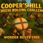the chaotic and hilarious Cheese Rolling Challenge at Cooper’s Hill, with excited participants tumbling down a grassy slope after a giant cheese wheel.