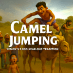 An animated depiction of "Camel Jumping: Yemen's 2,000-year-old tradition," where a young man joyfully leaps over a camel as a crowd watches in a desert setting.