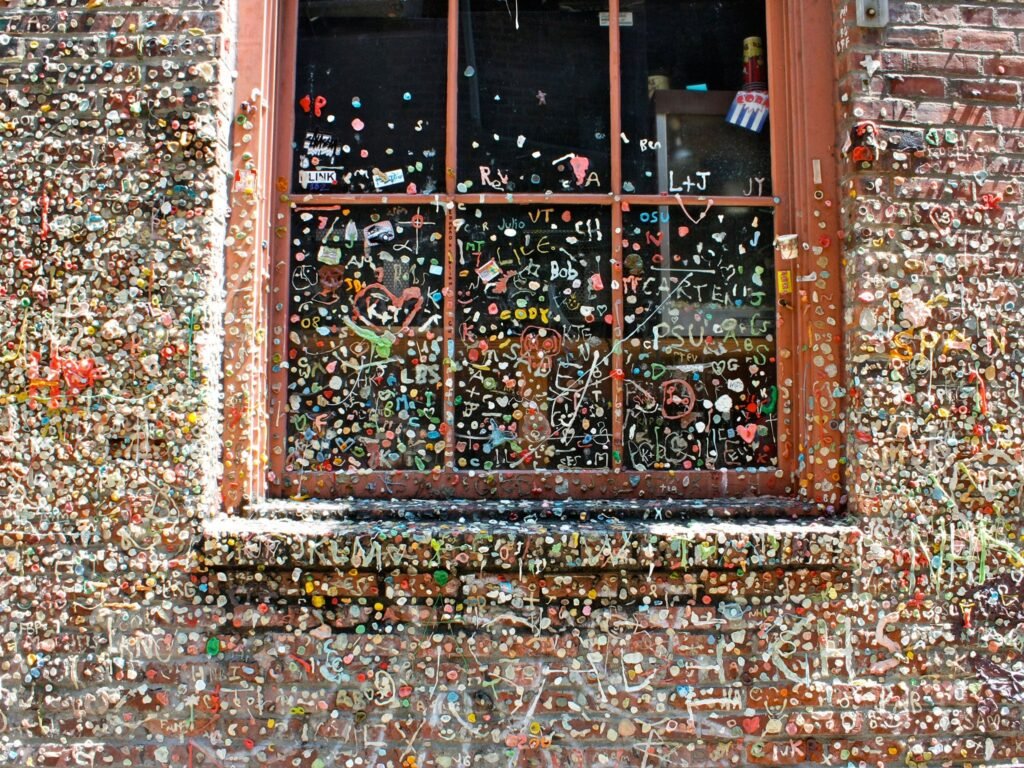Seattle Gum Wall with gum-covered window in Post Alley