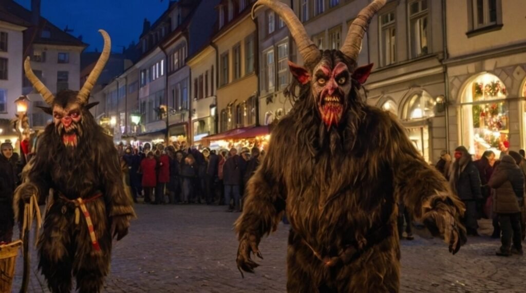 Two horned demons in shaggy fur stride through Salzburg’s old-town streets during the Krampus parade, startling onlookers at night.