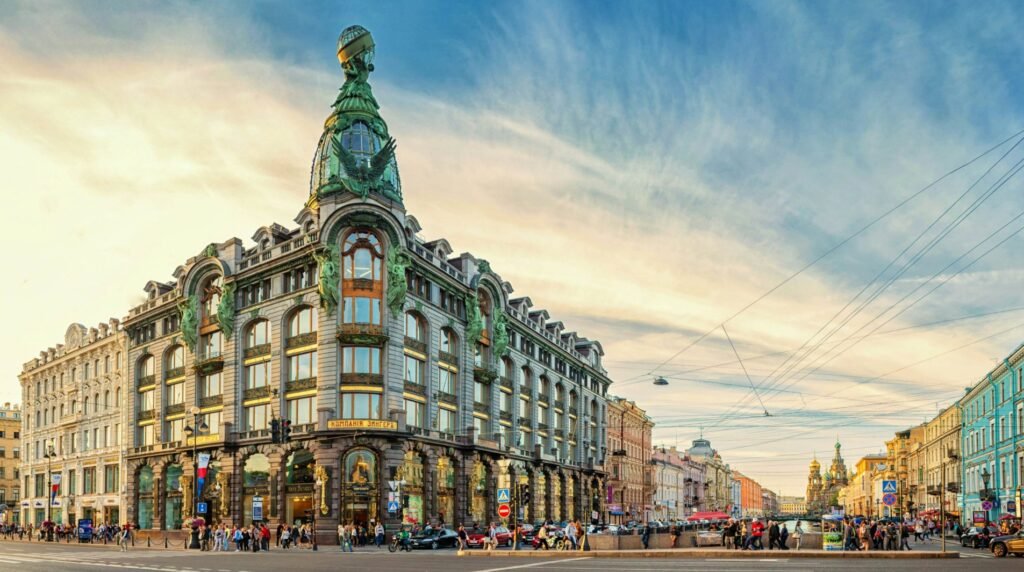 Nevsky Prospekt Squares in St. Petersburg, Russia, featuring ornate historical architecture, bustling streets, and the iconic Singer House under a dramatic sky.