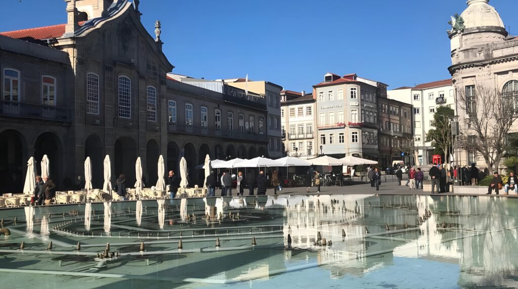 Braga Square (Praça da República) in Braga, Portugal, featuring reflective fountains, historic arcades, and outdoor cafés under a clear blue sky.