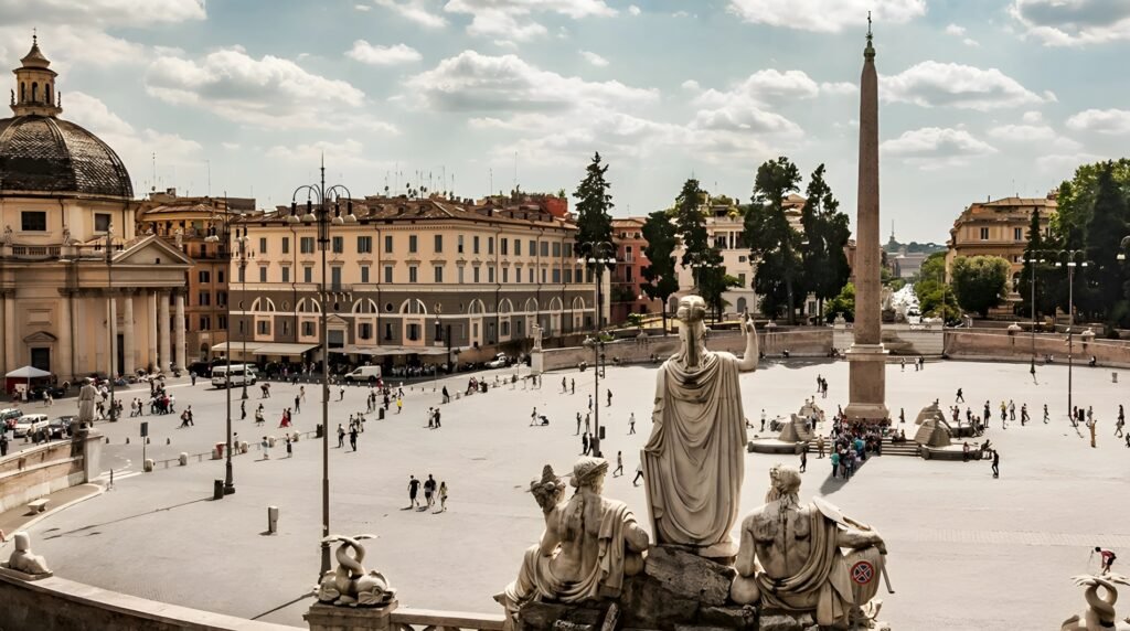 Piazza del Popolo in Rome, Italy, featuring twin churches, an ancient obelisk, and neoclassical statues overlooking a vibrant city square.