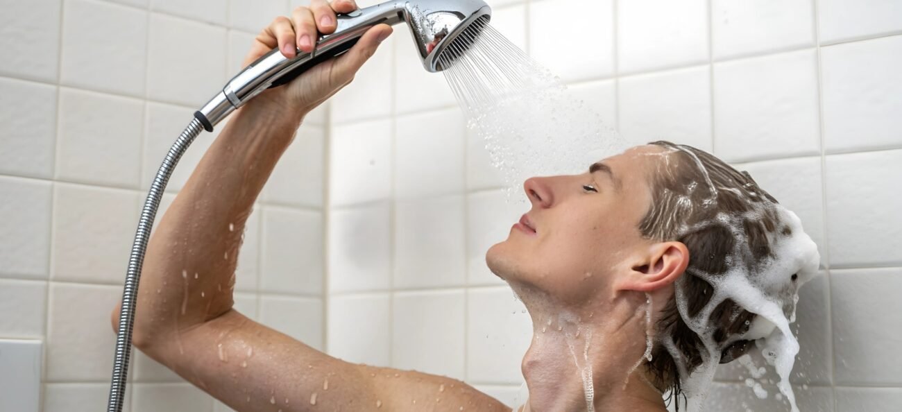 A person with light skin and light-colored hair rinses shampoo from their hair with a handheld shower head, illustrating Showering Habits.