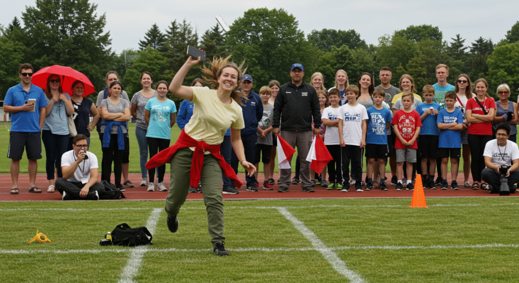 A young woman smiles while competing in the World championships of phone throwing, with a large group of children and adults cheering in the background on an outdoor track.