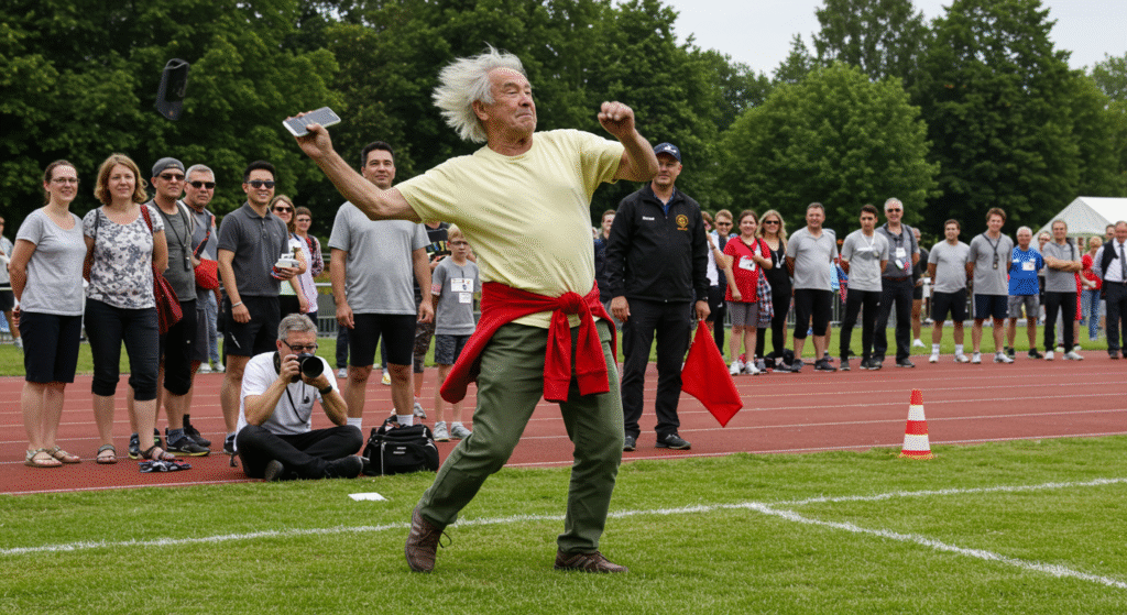 AI generated if an elderly man with gray hair energetically throws a mobile phone during a Mobile Phone Throwing competition, as a crowd of spectators and a photographer watch on a sports field.
