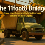 Illustration of 'The 11foot8 Bridge': a truck approaches the low overpass, flanked by 11'-8" signs, symbolizing its global legend status.