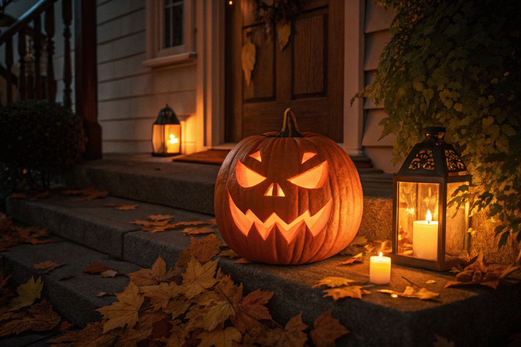 Spooky carved jack-o'-lantern pumpkin lit by candlelight sitting on outdoor steps surrounded by autumn leaves and lanterns.