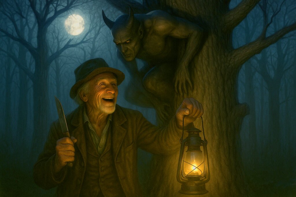 Illustration showing Stingy Jack laughing with a lantern as the Devil is trapped in a tree, symbolizing a key moment in jack-o'-lantern history under a full moon in a dark forest.