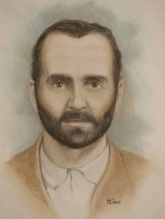 A portrait drawing depicts Manuel Blanco Romasanta, a man with a full beard and short hair, wearing a light-colored collared shirt and a brown jacket.
