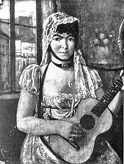 A grayscale portrait of Sophie Ursinus, a notorious European serial killers 19th century, shown playing a guitar with a calm yet unsettling expression.
