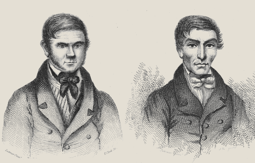 A split image displays two detailed, monochrome engravings of men in formal attire, likely Burke and Hare, both with bow ties and serious expressions.