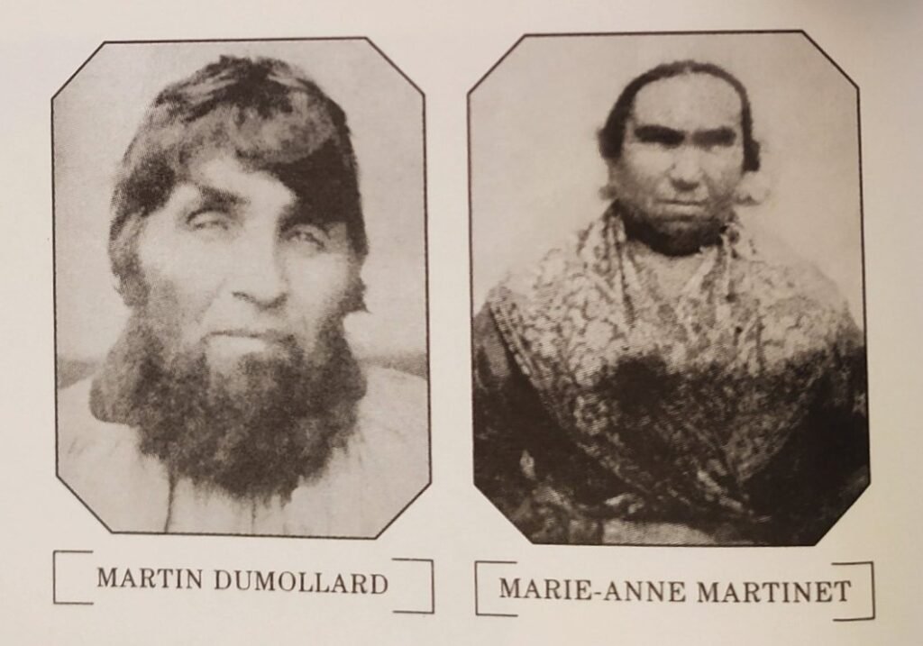 A two-part image shows black and white portraits of Martin Dumollard, a bearded man, and Marie-Anne Martinet, a woman with dark hair and a patterned shawl.