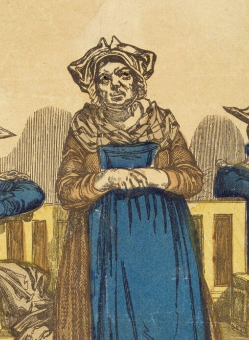 A vintage, colorful illustration of Hélène Jégado, a woman with a severe expression, wearing a bonnet and a blue dress over a brown coat, with clasped hands.