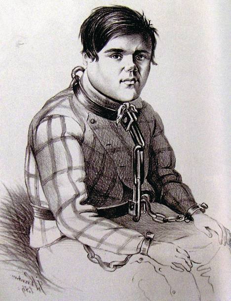 A detailed sketch shows Juhani Aataminpoika, a young man with dark hair, wearing a plaid jacket and heavily chained around his neck, chest, and wrists.