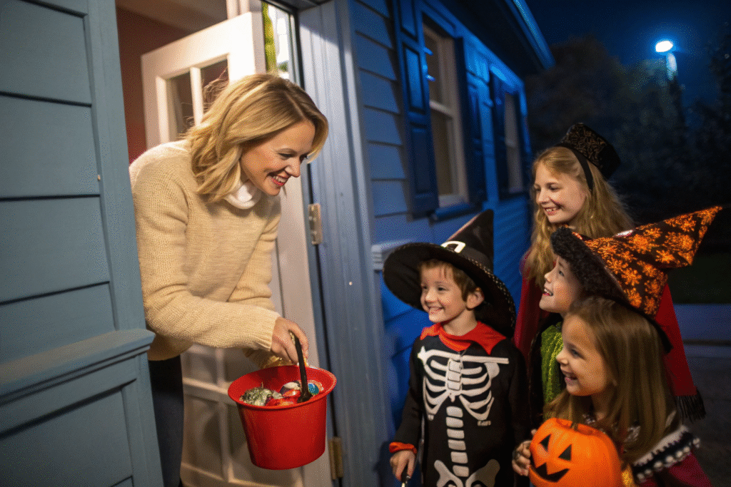 Children dressed in Halloween costumes happily trick-or-treating and receiving candy from a smiling woman at a house porch.