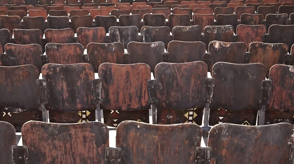 Rusty, empty theater seats arranged in rows in the middle of the Sinai Desert, surrounded by rocky mountains and open sky.