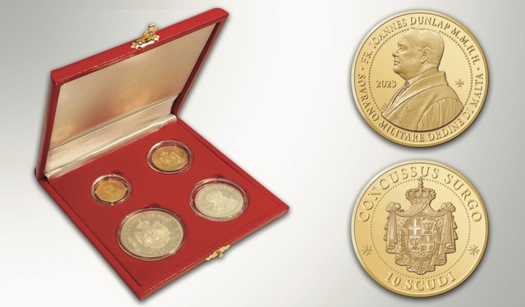 A collectible coin set in a red case, featuring Sovereign Military Order of Malta coins with portraits and coat of arms, alongside close-up views of gold 10 Scudi coins.