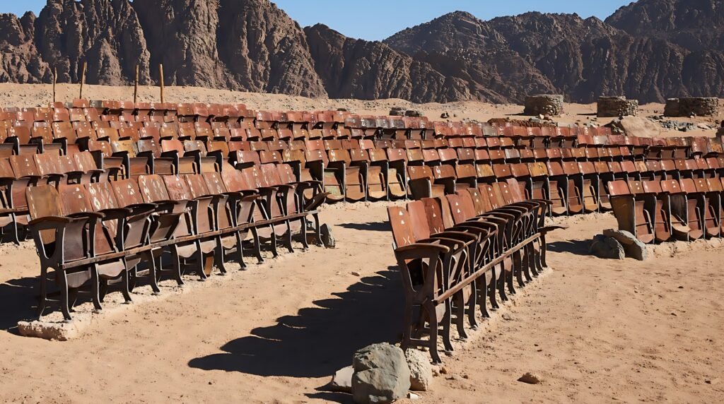 Rows of old, weathered wooden seats at the End of the World Cinema, an abandoned open-air theater in the Sinai Desert.