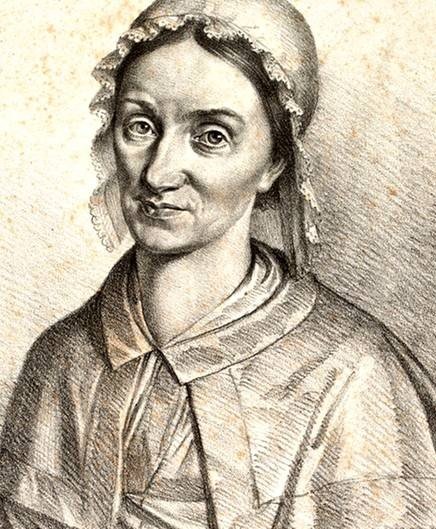 A solemn, elderly woman, Gesche Gottfried, is depicted in a monochromatic, textured portrait, wearing a bonnet and a collared garment.