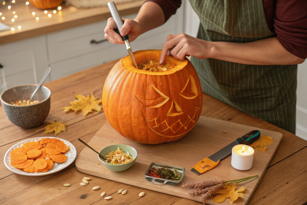 Person carving a jack-o'-lantern pumpkin on a kitchen table, scooping out seeds and preparing for Halloween decoration.