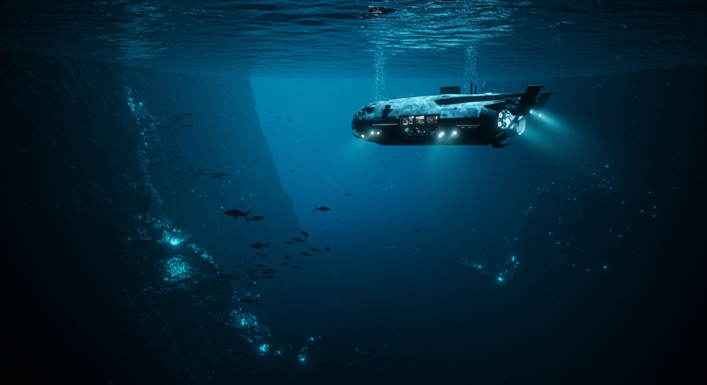Deep ocean view of the Mariana Trench abyss the Lowest places on Earth with a submersible exploring the deepest point.