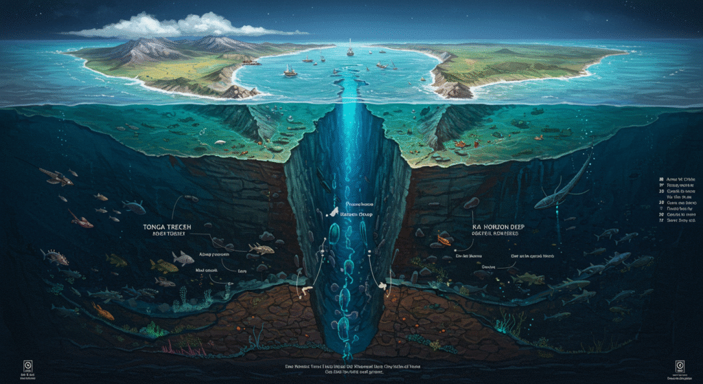 Side cross-section of Tonga Trench with Horizon Deep, showing geological layers and ocean life.