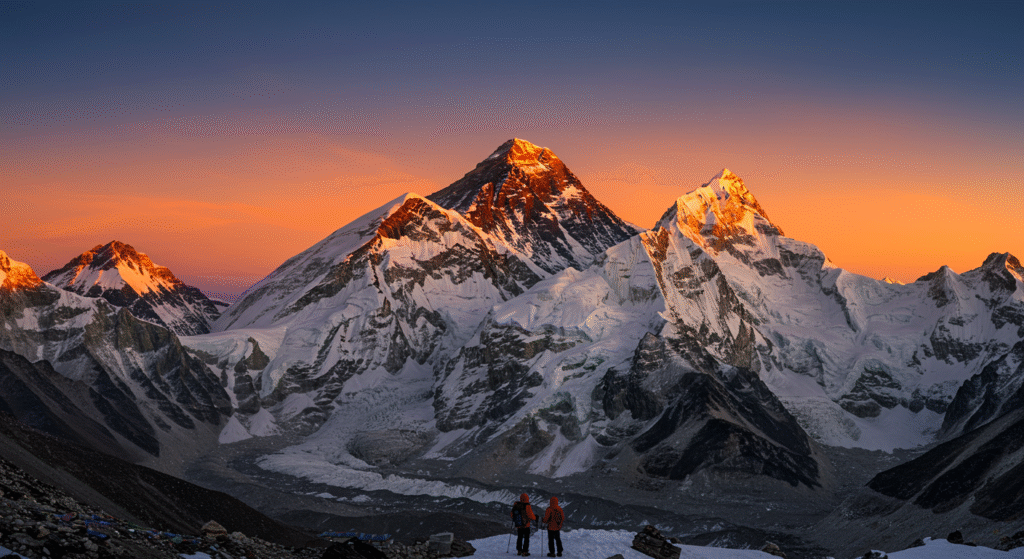 Mount Everest, the tallest peak among the highest mountains on Earth, showing its snow-covered summit under a clear blue sky in the Himalayas.