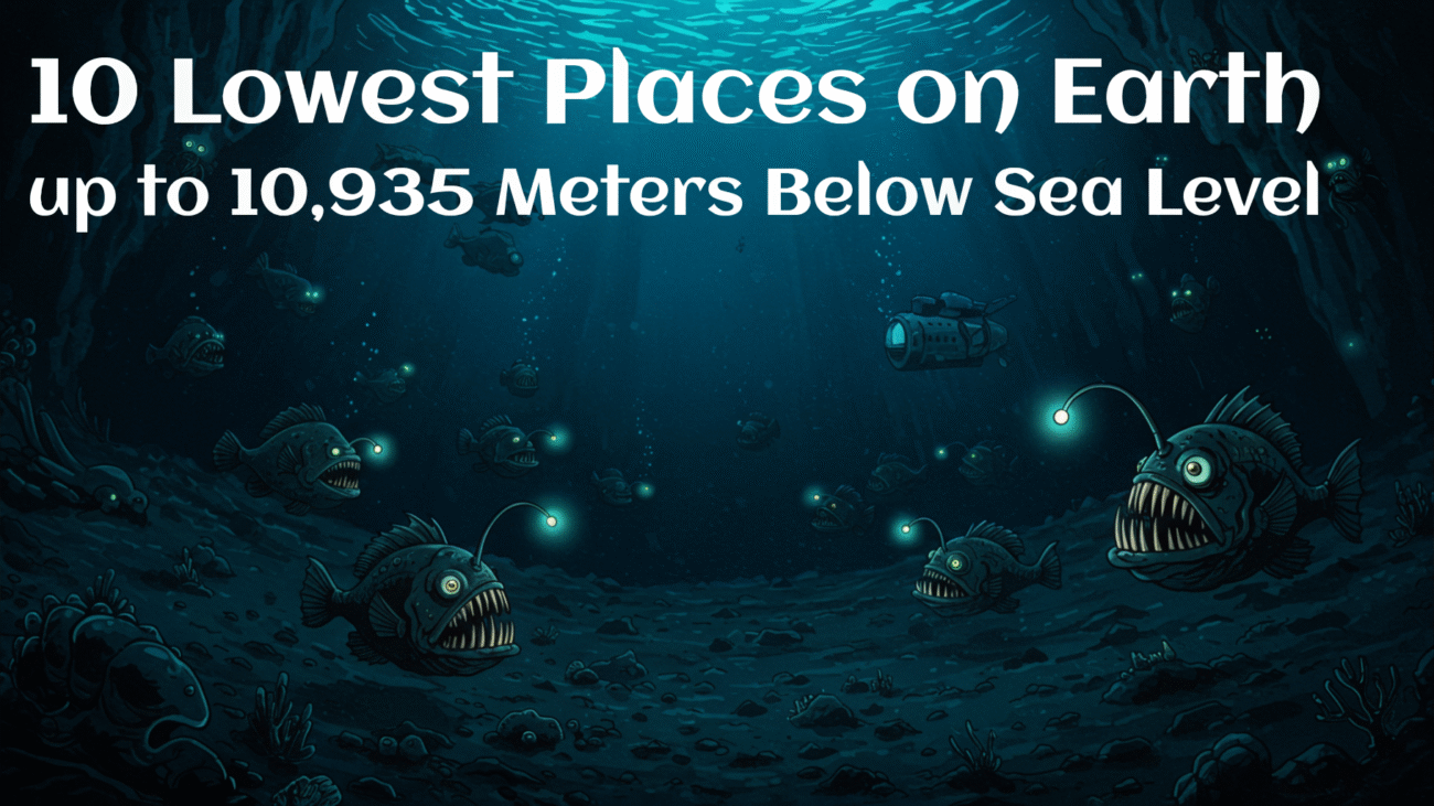 Deep ocean view of the Mariana Trench abyss with a submersible exploring the deepest point.
