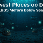 Deep ocean view of the Mariana Trench abyss with a submersible exploring the deepest point.