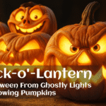 Bright glowing jack-o'-lantern pumpkins with varied faces, perfect for jack-o'-lantern history and Halloween tradition celebrations.