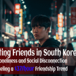 A young Korean man stands alone on a neon-lit street at night; headline reads: Renting Friends in South Korea, $37/hour friendship trend driven by loneliness.