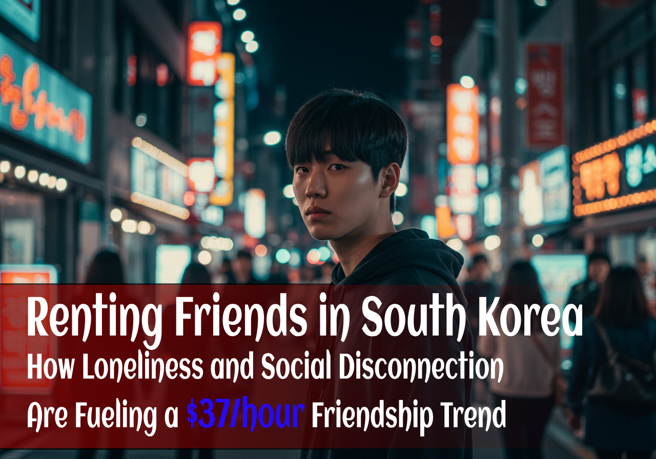 A young Korean man stands alone on a neon-lit street at night; headline reads: Renting Friends in South Korea, $37/hour friendship trend driven by loneliness.