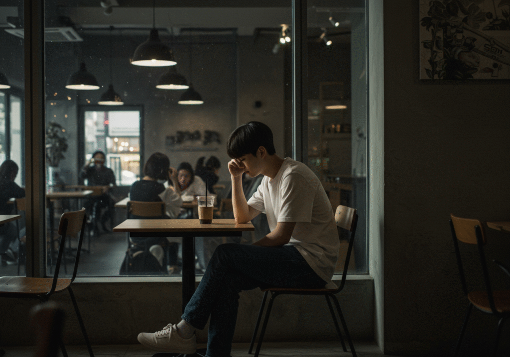 A young man sits alone in a café, looking pensive. Renting Friends in South Korea highlights loneliness and the growing trend of paid companionship.