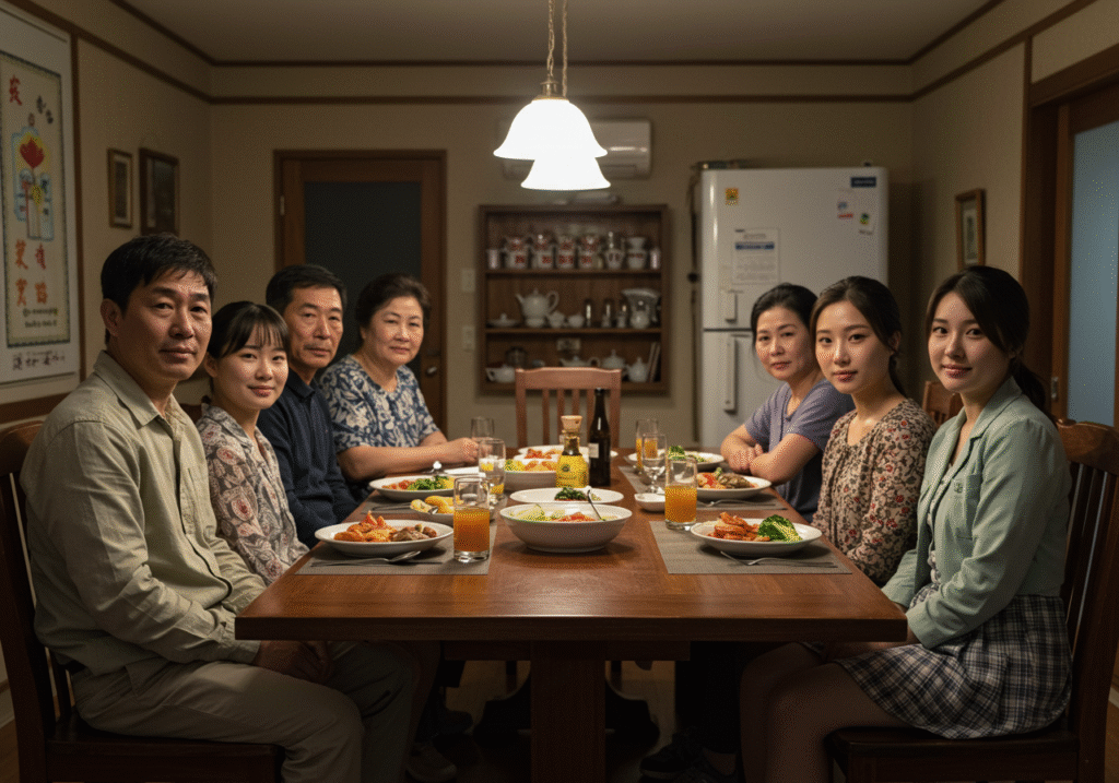 A Korean family and friends gather around a dinner table, sharing a meal and smiling in a warm, inviting home setting.