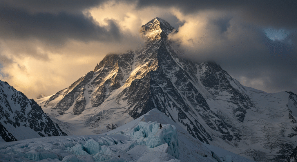 Climber roped on icy ridge below the stormy pyramid of K2 mountain.
