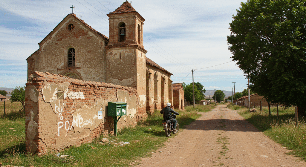 A rural dirt road in a small village with an old brick church, a green mailbox on a wall, and a man riding a motorcycle past trees and houses.