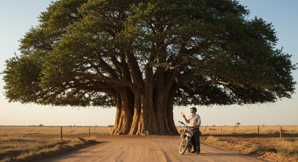A man with a map and a motorcycle stops beside a massive landmark tree on a rural dirt road in the countryside at sunset.