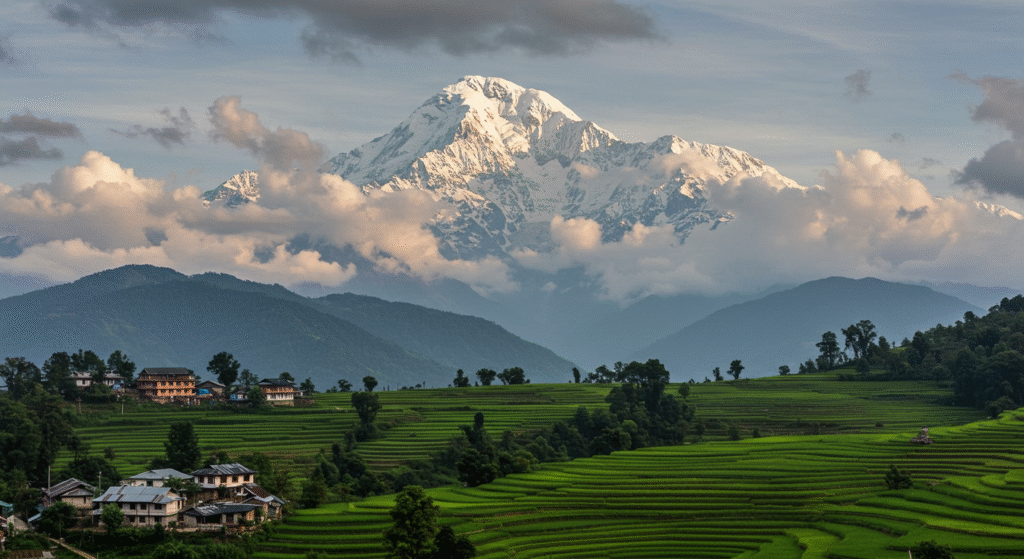 Kangchenjunga above a terraced Nepalese village with swirling monsoon clouds.