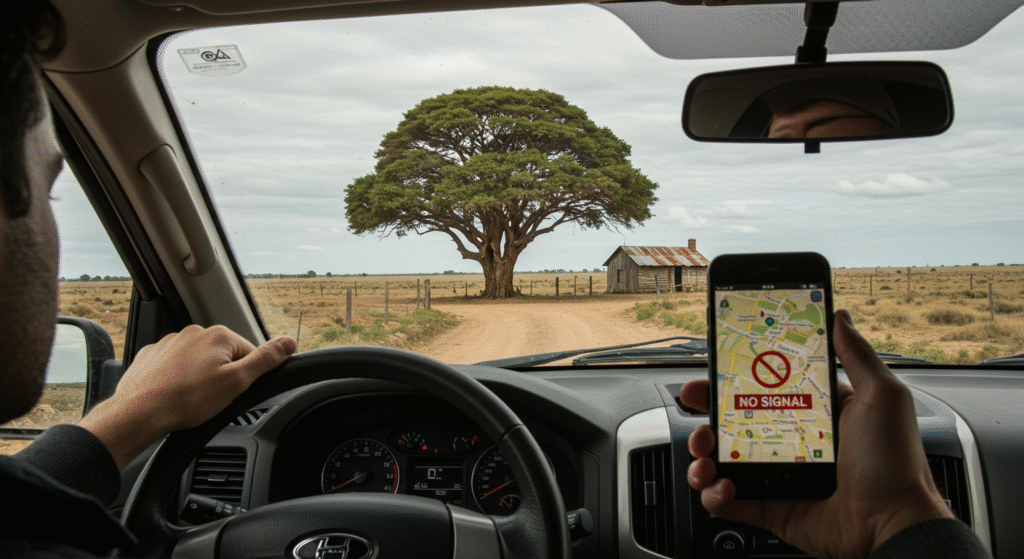 Driving toward a big tree on a rural dirt road, with a phone showing no signal; example of Landmark Trees used for navigation in remote areas.