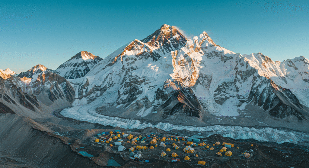 Cho Oyu Base Camp tents below the broad, snow-covered face of the Turquoise Goddess.