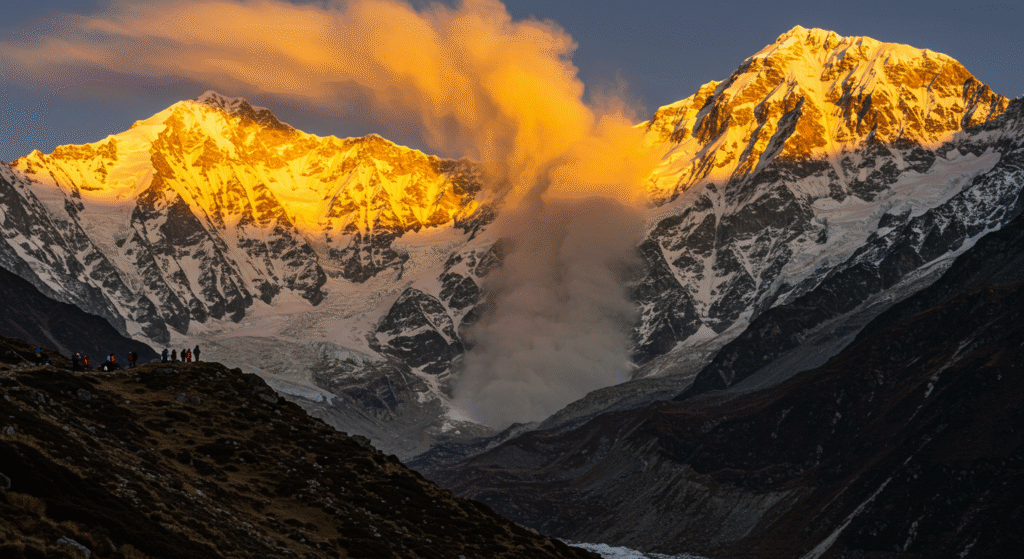 Golden south face of Annapurna I at twilight with distant avalanche dust plume.