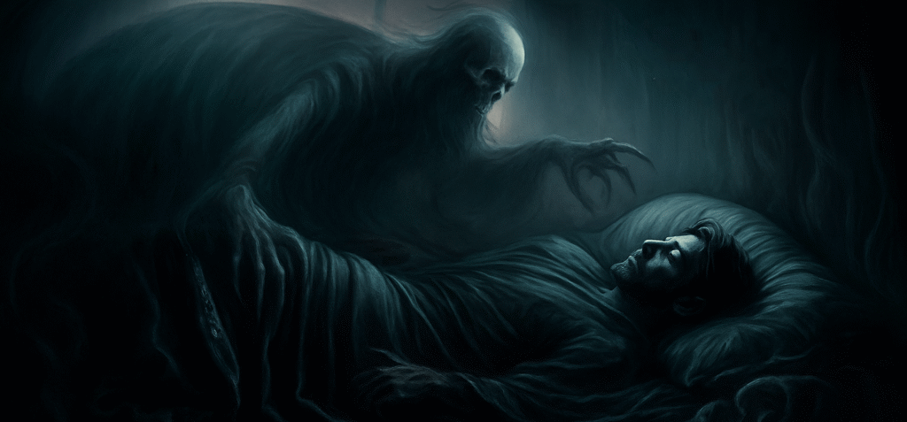 Dark eerie scene showing a shadowy figure looming over a sleeping man, symbolizing the frightening experience known as Old Hag syndrome.