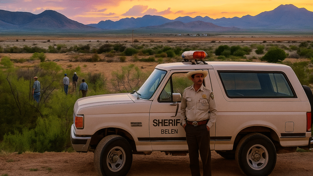 Sheriff vehicle marked "Belen" with officer standing beside it during sunset, as searchers investigate the desert area linked to the Tara Calico disappearance in New Mexico.
