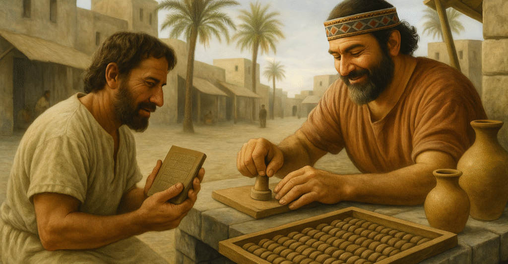 An ancient Mesopotamian scene showing a farmer receiving seeds on a clay tablet, symbolizing early credit a foundational chapter in the history of credit cards.