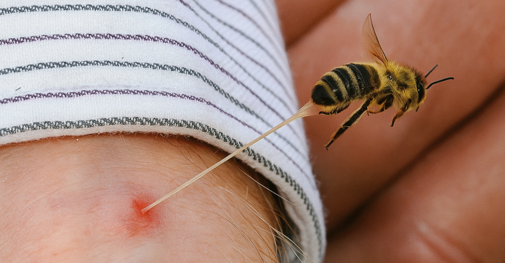 A close-up of a honeybee stinging human skin, its stinger embedded, illustrating the defensive strategies and pain involved in incredible insect societies.