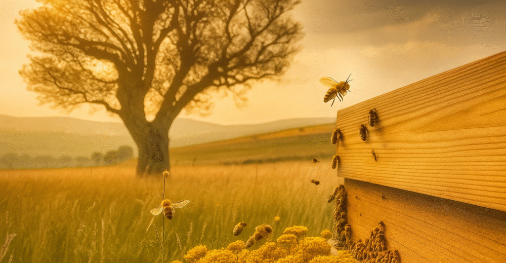 Honeybees flying near a hive in a sunlit field with a large tree in the background, representing pollination and the natural environment of wild and domesticated bees.