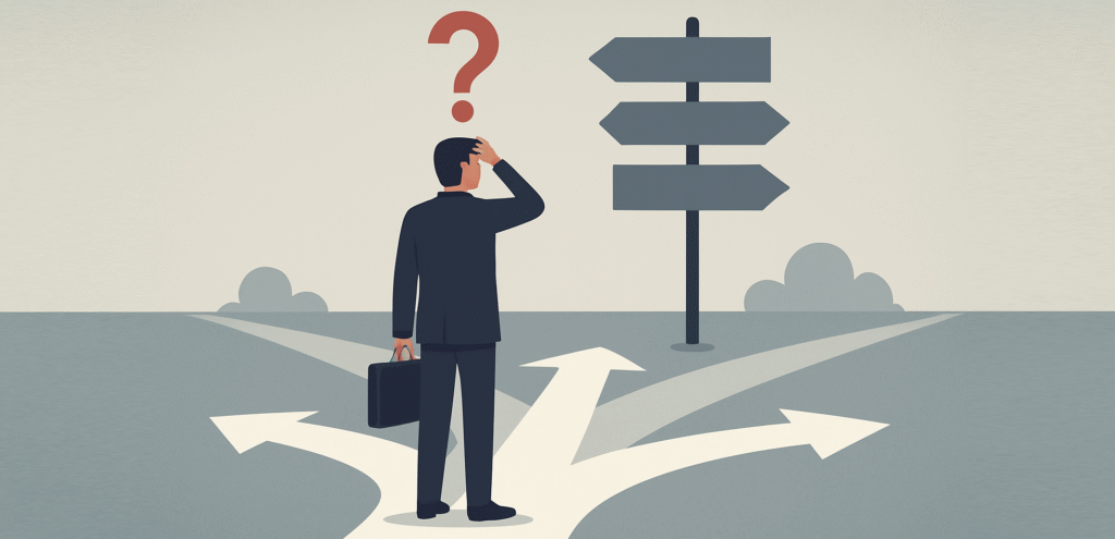 Illustration of a businessman at a crossroads, scratching his head in confusion, with multiple directional signs and a large question mark, representing making difficult decisions.